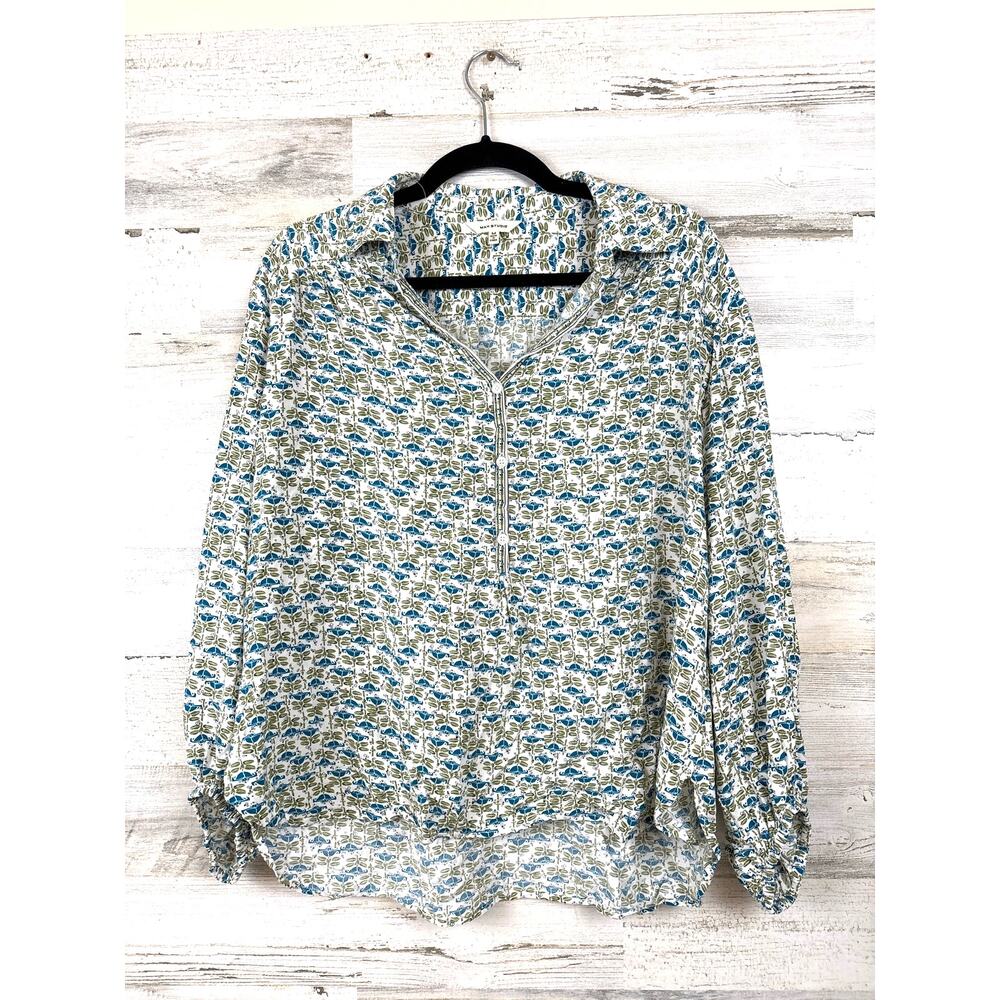 Max Studio Womens M Green Blue Floral Rayon Long Sleeve Popover Blouse Casual